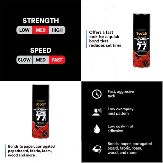 Scotch Super 77 Multipurpose Adhesive Spray, Bonds to Fabric, Cardboard, Plastic, Metal, Wood, Felt, and More, 10.7 Ounces (7716)