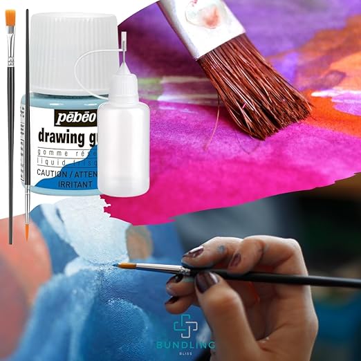 Pebeo Drawing Gum Masking Fluid 45ml โ Quick-Dry, Easy-Peel for Watercolor & Painting โ Includes Bundling Bliss Applicator Tip & Brushes (3-Piece Set)