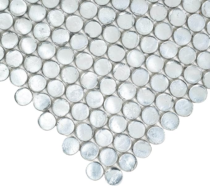 Glass Penny Round 1.03 sq ft/Piece Pack of 1,Silver Penny Round Mosaic Glass Tile โ 12.2 x 12.2 Inch - Luxurious Design for Bathroom Walls, Kitchen Backsplash, Shower Walls - Elegant Wall Dรฉcor