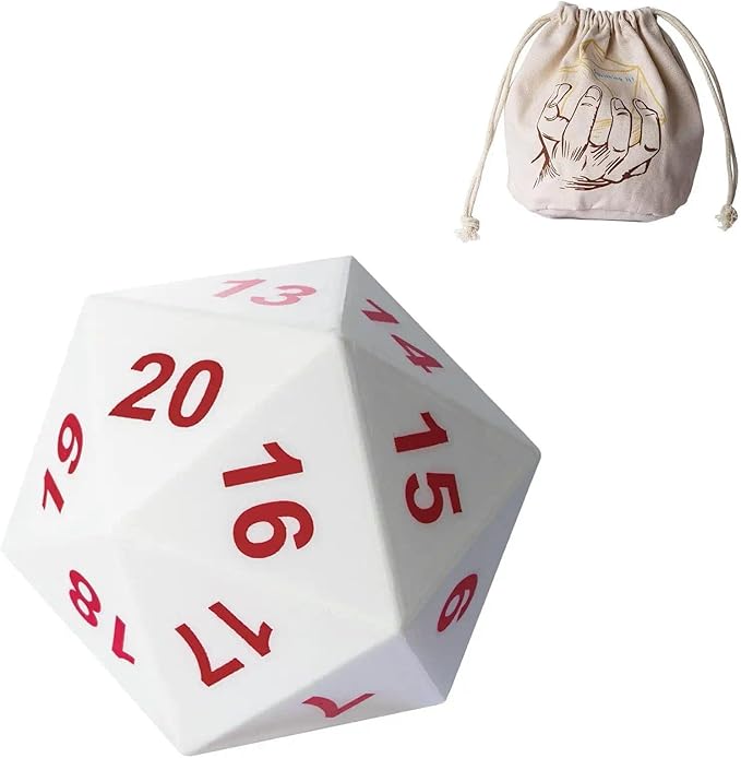 Large D20 Foam DND Dice, 80mm Spindown D&D RPG 20 Sided Dice with Drawstring Bag for Role Playing Games (White )