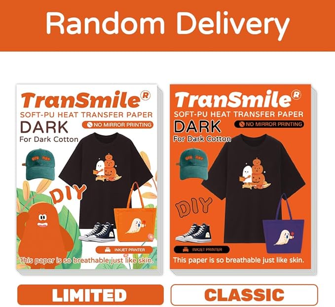 TranSmile PU-Heat Transfer Paper for Inkjet Printer (40 Sheets, 8.5x11", Dark) Iron on Transfers for Dark Fabric, Printable Heat Transfer Vinyl for T Shirts, Vibrant & Washable