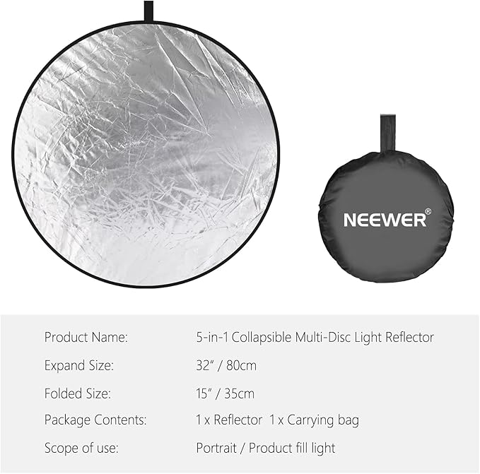 NEEWER 32-Inch 80CM Portable 5 in 1 Translucent, Silver, Gold, White, and Black Collapsible Round Multi Disc Light Reflector for Studio or any Photography Situation