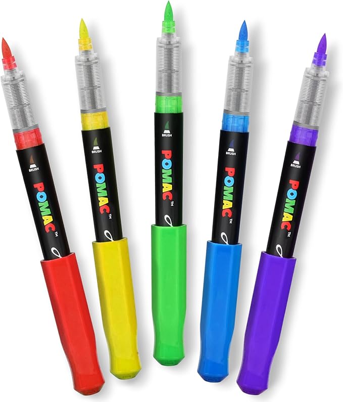 POMAC Acrylic Paint Markers Pens 5 Assorted Colors, Water-Based Paint Markers Pen Brush Tip, No-Bleed Liquid Acrylic Marker Waterproof for Fabric, Canvas, Rock, Glass, Wood, DIY Crafts, Art Supplies