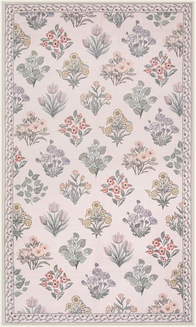 Wonnitar Boho Floral 3x5 Washable Rug, Ultra-Thin Pink Small Rugs for Bedroom, Soft Non Slip Moroccan Throw Carpet for Nursery Girls Bedside Dorm Room Decor, Pale Pink