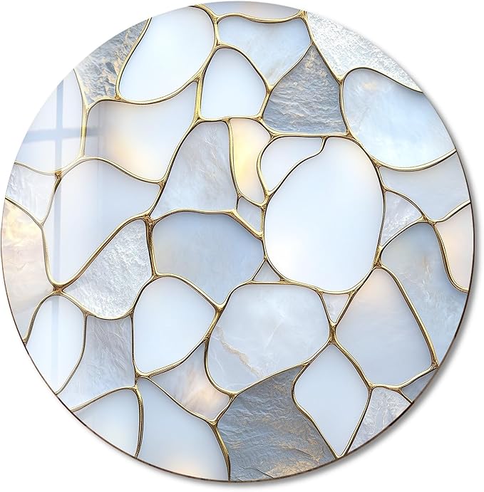 My Photostation.com 24''(60cm) Diameter White Stone Mosaic Round Glass Wall Art Tempered Glass Printing Wall Decor Large Wall Art Wall Hangings