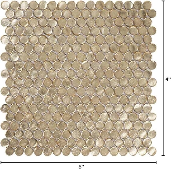 1.03 sq ft/Piece Pack of 1,Glossy Gold Glass Penny Round Mosaic Tiles โ 12.2" x 12.2" Mesh-Mounted Sheets, Not Peel & Stick - Kitchen Backsplash, Shower Wall, Bathroom, Fireplace, Interior Decor