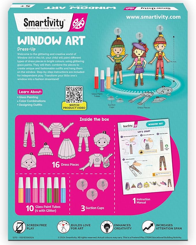 SmartCraft Window Art Fashion Kit with 225 Unique Combinations for Girls 5 to 10 Years Old | Glass Painting Kit | Birthday Gift for 5, 6, 7, 8, 9, 10 | Sun Catcher Art & Craft Activity Kit