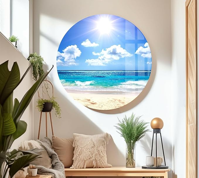 My Photostation.com 60WX40H'' Summer Beach Landscape Glass Wall ArtTempered Glass Printing Wall Decor Large Wall Art Wall Hangings