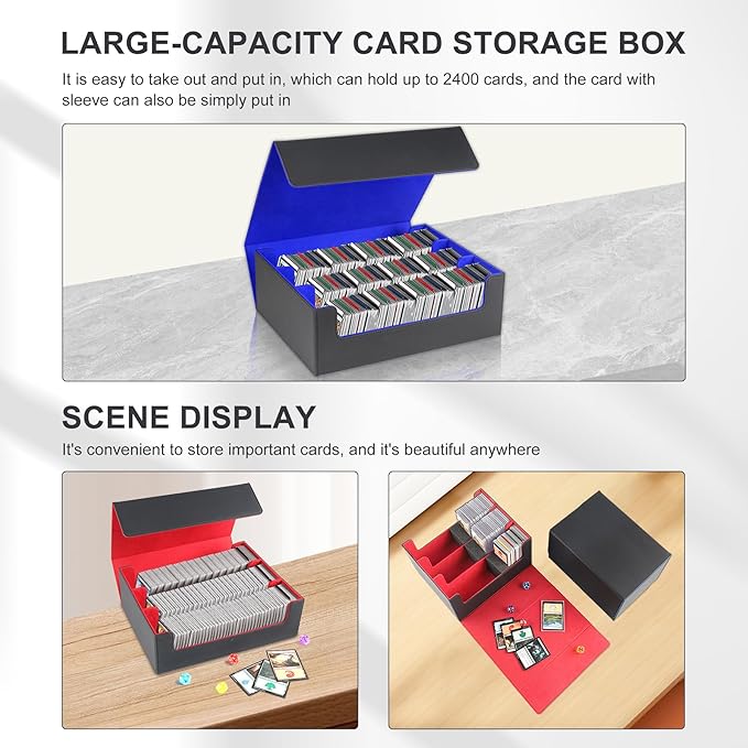 Card Storage Box for Trading Cards,2400+ Leather Magnetic Closure Commander Storage Box,Protectors Fit for YuGiOh, MTG and Sport Cards (Black, blue, 2400+)