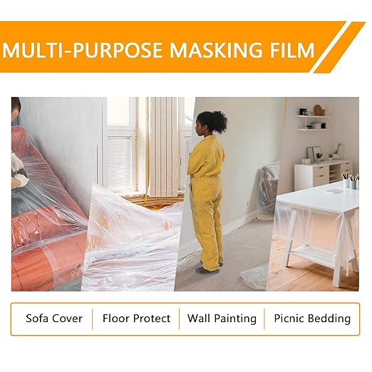 Pre-Taped Masking Film 22" x 66' for Painting,Plastic Automotive Tape and Drape,Paint Protection Film with Built-in Tape, Drip-Free Painting for Cars,Walls, Floors, Furniture(4 Rolls)