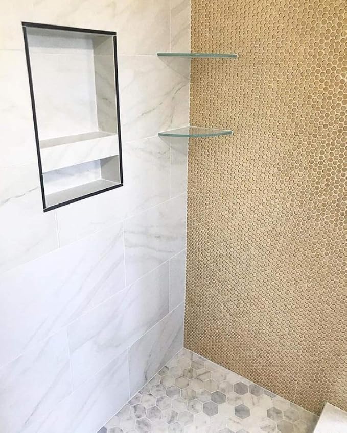 Box of 10 Glossy Gold Glass Penny Round Mosaic Tiles โ 12.2" x 12.2" Mesh-Mounted Sheets, 10.34 Sq Ft, Not Peel & Stick - Kitchen Backsplash, Shower Wall, Bathroom, Fireplace, Interior Decor