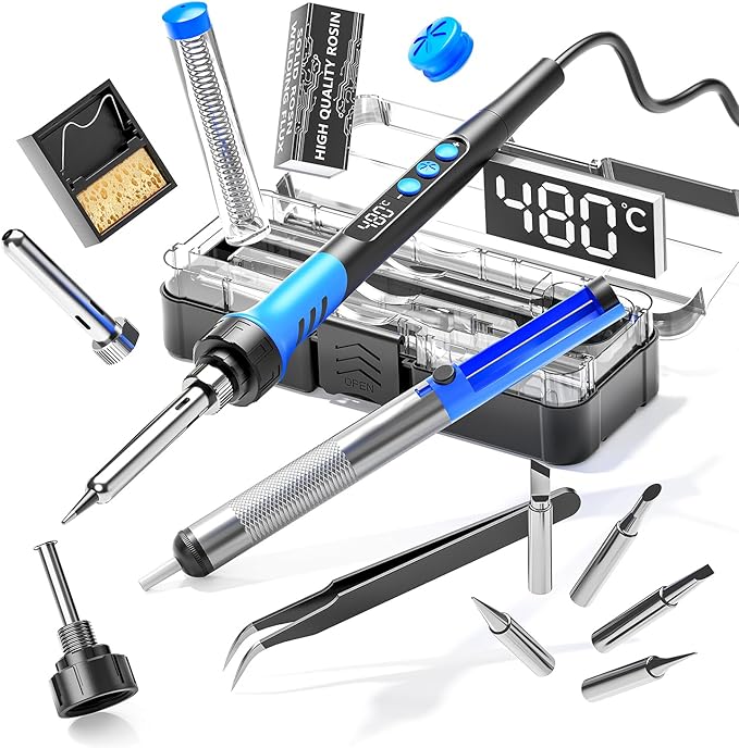 Soldering Iron Kit, 90W 110V LCD digital soldering gun,12-in-1 Soldering Iron Kit Tool,Temperature adjustable from 180-480°C,5 soldering tips,soldering wire,soldering paste,soldering pump