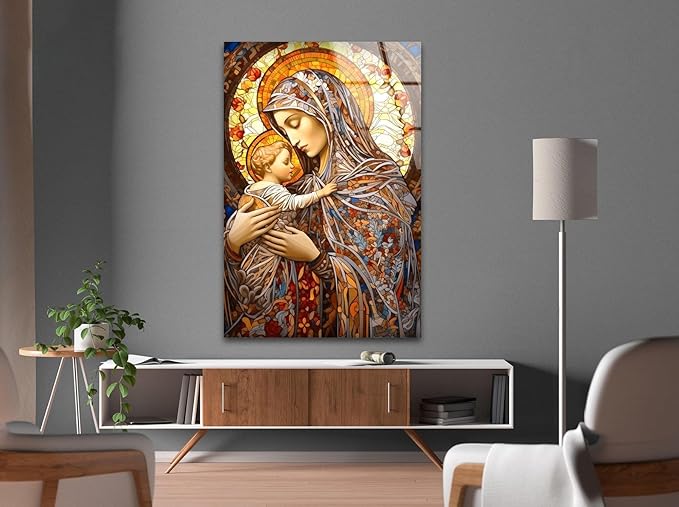 My Photostation.com 32Wx48H'' Jesus and Virgin Mary Glass Wall Art Tempered Glass Printing Wall Decor Large Wall Art Wall Hangings