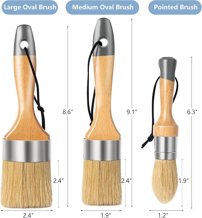 Mister Rui Chalk Paint Brushes, 3 Pack Wax Brush Set, Round Paint Brush Use with All Paints, Natural Bristle Brush for Painting, Stencils, Waxing, Home Decor, DIY Art Crafts