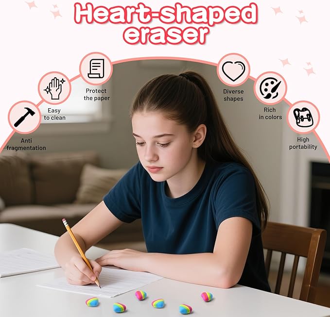 AmoreAngel Crafts 16 Pcs Heart Shaped Erasers,Pencil Erasers,Easy to Hold Rainbow Colorful Eraser,Pink Erasers,Back to School Supplies,Office Use