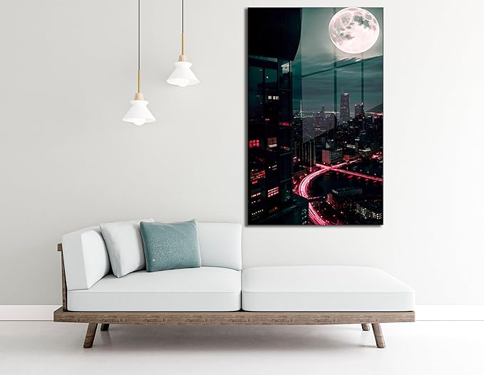 SpiritualHands Moon And City Glass Wall Art Painting for Living Room, Tempered Glass Modern Prints Decor, Large Vivid Color Panel for Bedroom, Kitchen, or Office