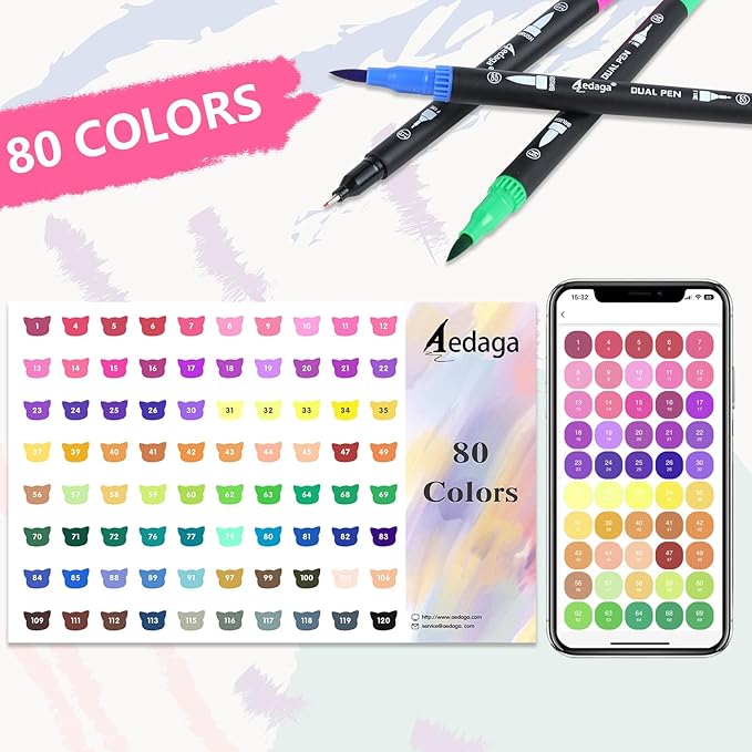 80 Colors Numbered Dual Tip Brush Pens with Free App, Fine and Brush Tips Pens for Adults and Kids, Coloring Markers for Coloring Book Bullet Journaling Note Taking Planner Hand Lettering