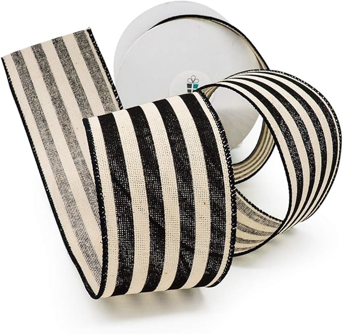 CT CRAFT LLC Striped Canvas Cotton Ribbon 2.5" x 10 Yards Ivory/Black Stripes for Thanksgiving Christmas Home Décor Gift Wrapping Outdoor Tree Topper Bow Wreath