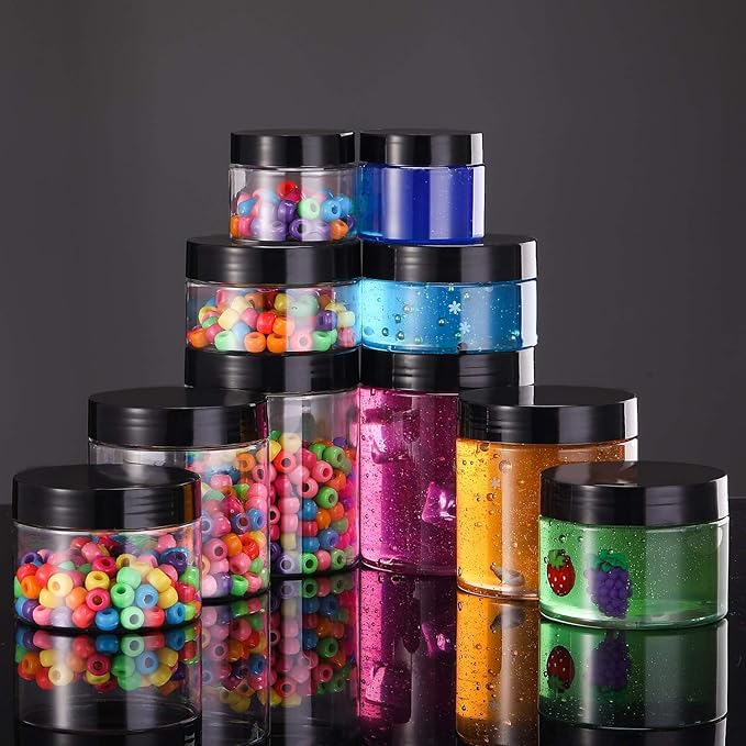 12 Pack 5 OZ Plastic Container Jars with Lids Round Clear Travel Cosmetic Container Jars for Toiletries, Lotion, Cream, Ointments, Makeup, Rhinestone, Samples, Kitchen Storage(Black, 5 OZ)
