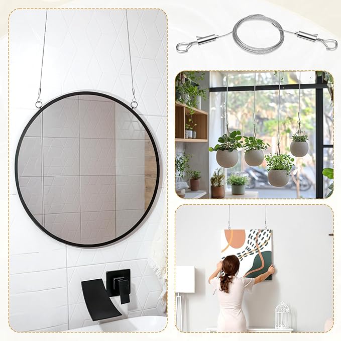 6PCS Heavy Duty Picture Hanging Wire 9.8ft X 1.5mm Mirror Frame Hanging Kit Adjustable Stainless Steel Rope for Pictures, Mirrors, Frames, Artwork, Light Lamp and Billboards, Supports up to 66lbs