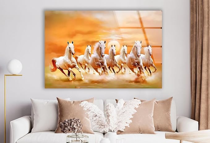 My Photostation.com Round 31,5'' White Horses Running on Sunset Glass Wall ArtTempered Glass Printing Wall Decor Large Wall Art Wall Hangings