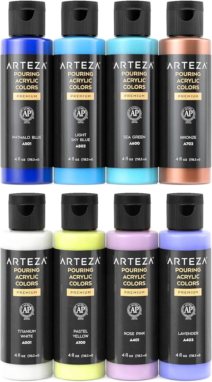 ARTEZA Acrylic Pouring Paint Set, 8 Pastel Colors, 4 oz Bottles, High-Flow Paint, No Mixing Needed, Art Supplies for Canvas, Glass, Paper, Wood, Tile, and Stones