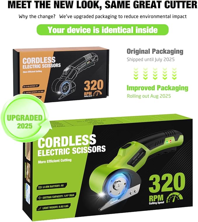 Cordless Electric Scissors:4V Rechargeable Cardboard Cutter, 3 Blades, Safety Lock & LED Light, Box Cutter for Carton Carpet Plastic Fabric Leather (Green)