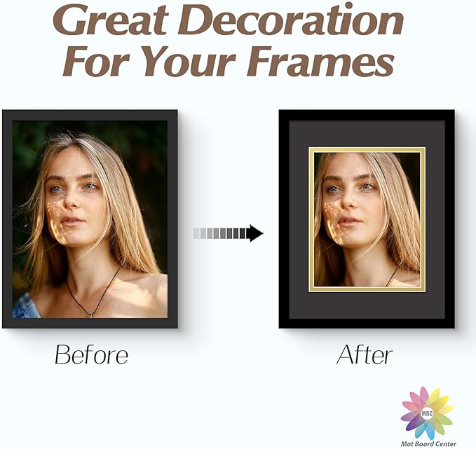 Mat Board Center, Double Mat - Acid Free, 8-ply Thickness, White Core - for Pictures, Photos, Framing (Black Over Gold, 11x14 for 8x10, Pack of 5)