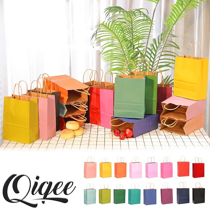qiqee 60 pcs Kraft Bags with Handles 7.6"x4.75"x10.5" Medium Gift Paper Bag 16 Different Solid Color Bags