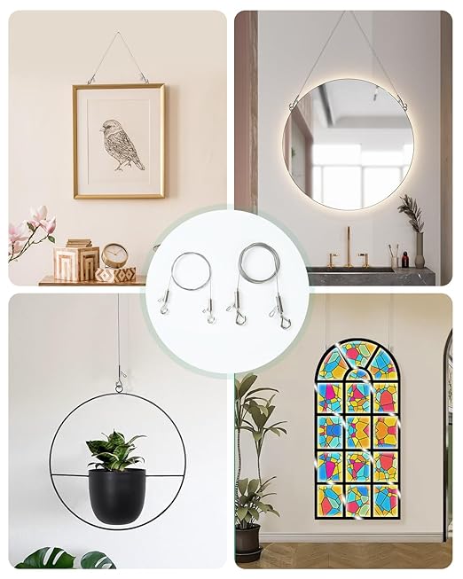 Adjustable Picture Hanging Wire, 2PCS 1m x 1mm Small Hooks + 2PCS 2m x 1.5mm Large Hooks Picture Frame Wire Kit Heavy Duty up to 100lbs, Stainless Steel for Mirror, Light, Flowerpot