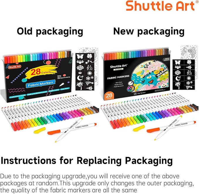 Shuttle Art 28 Colors Fabric Markers, Shirt Permanent Markers for Clothes Sneakers Jeans with 11 Stencils 1 Fabric Sheet, Fabric Pens for Kids Adult Painting Writing
