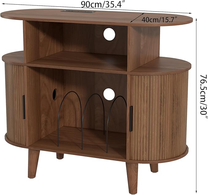 Large Round Record Player Stand with Charging Station & USB Ports,Record Storage Cabinet, Mid Century Modern Turntable Stand for Bedroom Living Room (Small Brown)