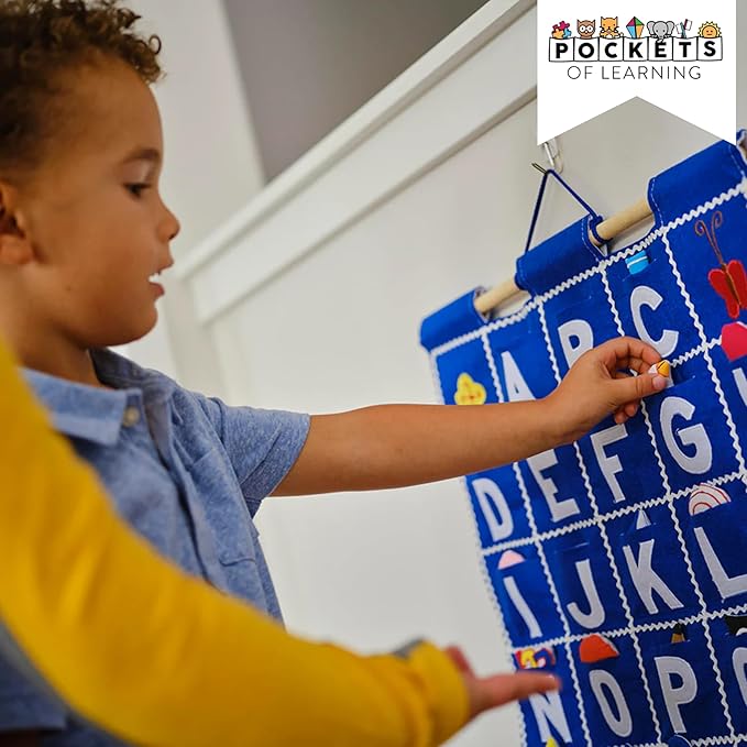 Pockets of Learning ABC Felt Wall Hanging Chart - Early Education Alphabet Fabric Wall Décor for Children's Room | Engaging Educational Learning Art for Kids with Fabric Objects in Pocket (Blue)