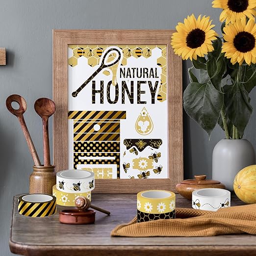 Whaline 12 Rolls Bee Washi Tape Foil Gold Honey Bee Washi Masking Tape 15mm Wide Bumblebee Honeycomb Daisy Print Decorative Adhesive Masking Tape for Scrapbook Gift Wrapping DIY Art Crafts