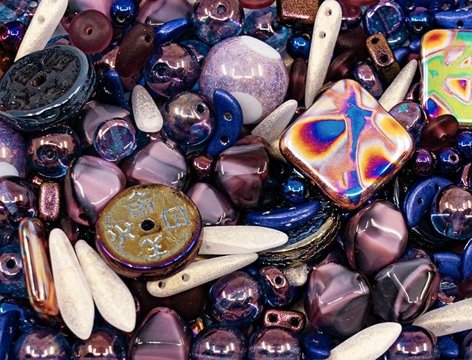 1.4oz (40g) Limited Mix of Czech Glass Beads Table Cut, Matte and Glossy, Faceted Fire Polish, Hand Made Set Kit, Beige Violet Purple