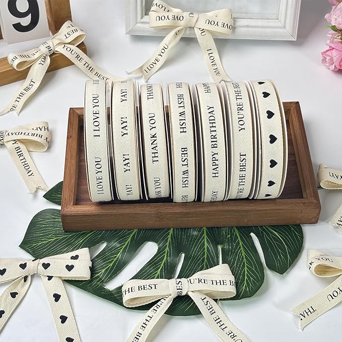 Cotton Herringbone Ribbon - Natural Twill Tape for Custom Gift Wrapping & DIY Crafts-5/8 Inch x 15 Yards - Happy Birthday Printed Phrase