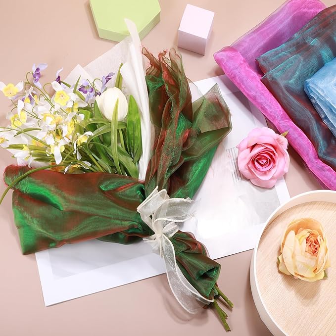 MECCANIXITY Iridescent Sheer Organza Fabric, 10 Yards x 59 Inches Solid Holographic Shiny Fabric Organza Cloth for Wedding, Curtains, Costume, Photo Background, Gradient Rose Red Blue
