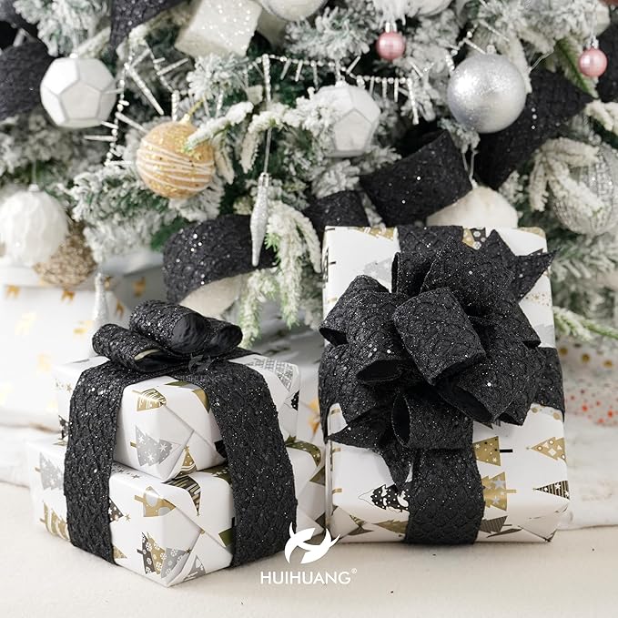 HUIHUANG Black Glitter Wired Ribbon 4 inch Black Christmas Tree Ribbon Diamond Mesh Wire Ribbon for Tree Decorations, Wreaths, Garland, Large Bows Making, Halloween Decor -10 Yards