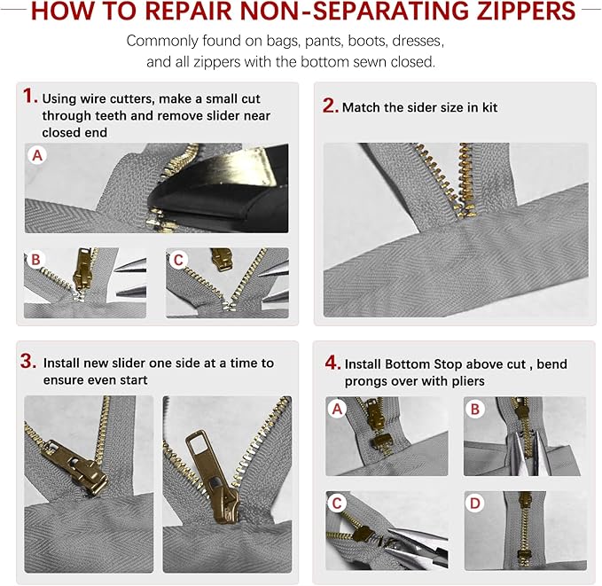 Zipper Repair Kit (188 Pcs) - Universal Fixer for Luggage, Backpacks, Jackets, Coats & Boots Includes #3#5#8#10 Sliders, Zipper Pull Replacement, Stops & Repair Tool(Non-YKK Compatible)