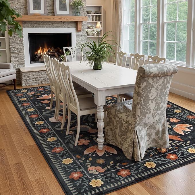 Morebes Washable 8x10 Area Rugs for Living Room Non Slip, Boho Botanical Soft Birds Bug Moody Rugs for Bedroom, Ultra-Thin Floral Flower Throw Carpet for Classroom Home Office Dorm Room, Black/Multi