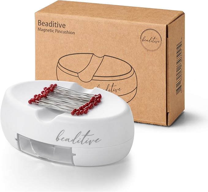 Beaditive Magnetic Pin Cushion with Drawer - Strong Magnet Pin Holder Cushions for Sewing - 50 Glass Head Quilting Pins Included - Chic Pincushion Caddy for Sewing Pins, Paper Clips, Screws β White