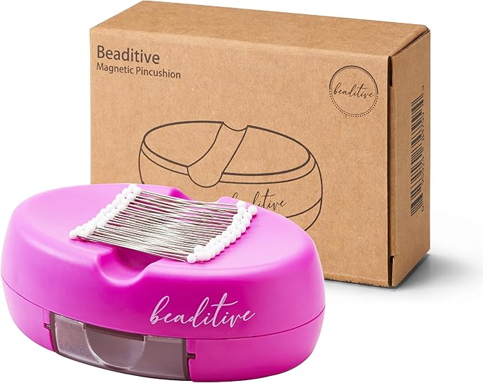 Beaditive Magnetic Pin Cushion with Drawer - Strong Magnet Pin Holder Cushions for Sewing - 50 Glass Head Quilting Pins Included - Chic Pincushion Caddy for Sewing Pins, Paper Clips, Screws β Fuchsia