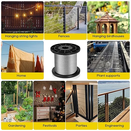 316 Stainless Steel Cable, 1000FT 1/32IN Wire Rope 7 * 7 Strand with 250Pcs Aluminum Sleeves Stops, Guide Wire for Outdoor String Lights for String Lights Hanging, Clotheslines, Trellis (1000FT)