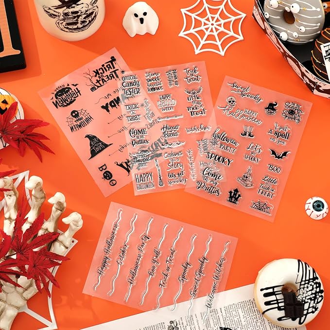 Whaline 4 Sheets Halloween Clear Stamps Greeting Words Pumpkin Bat Silicone Transparent Stamps Happy Halloween Stamp Cards for DIY Crafts Card Making Scrapbooking Embossing Album Decor