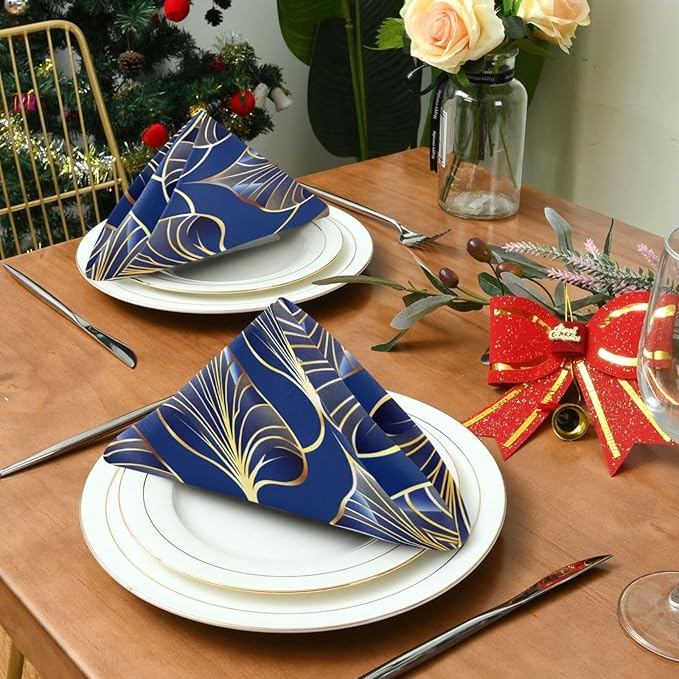 ALAZA Art Deco Floral Royal Blue & Gold Cloth Napkins Set of 1, 20x20 Inch Washable and Reusable Napkin for Decoupage Dinner Party Everyday Use