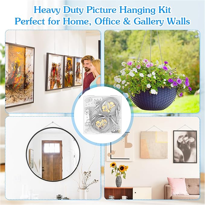 4 Pack Picture Hanging Wire Kit, Heavy Duty Picture Hanging Kit for Frames & Mirrors up to 50lbs, Includes Adjustable 2m Steel Wires, D Rings & Screws, Wall Hanging Kit for Home & Office Décor