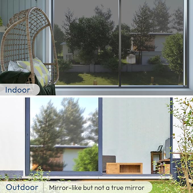 rabbitgoo Window Privacy Film One Way Window Tint for Home, Removable Reflective Heat Sun Blocking Anti UV Glass Door Covering, Mirror Tinting Film House Office, 23.6 in X 16.4 Feet, Black Silver