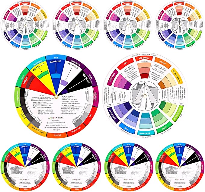 Nezyo 10 Pieces Color Paint Wheel Chart for Artist Kids Paint Mixing Learning Guide Art Class Teaching Tool Color Harmony Wheels for Makeup Blending Board Colorful Mixed Guide(5.5 Inch)