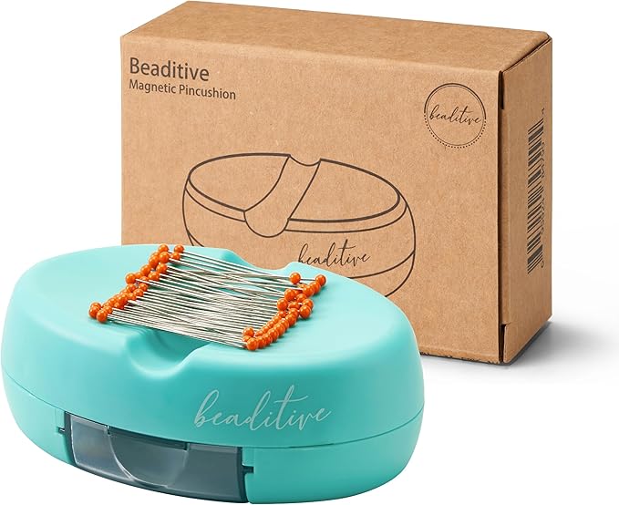 Beaditive Magnetic Pin Cushion with Drawer - Strong Magnet Pin Holder Cushion for Sewing - 50 Glass Head Quilting Pins Included - Chic Pincushion Caddy for Sewing Pins, Paper Clips, Screws β Turquoise
