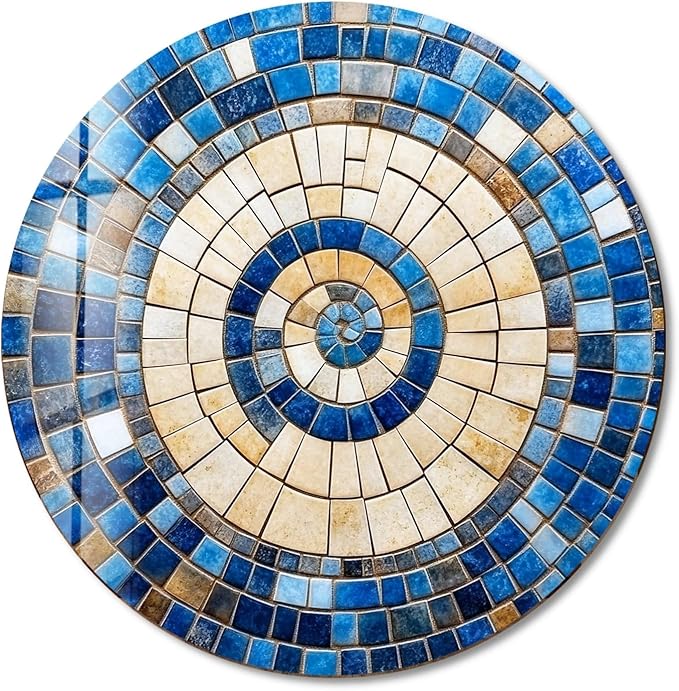 My Photostation.com 20''(50cm) Diameter Coastal Sunburst Beige & Blue Round Glass Wall Art Tempered Glass Printing Wall Decor Large Wall Art Wall Hangings
